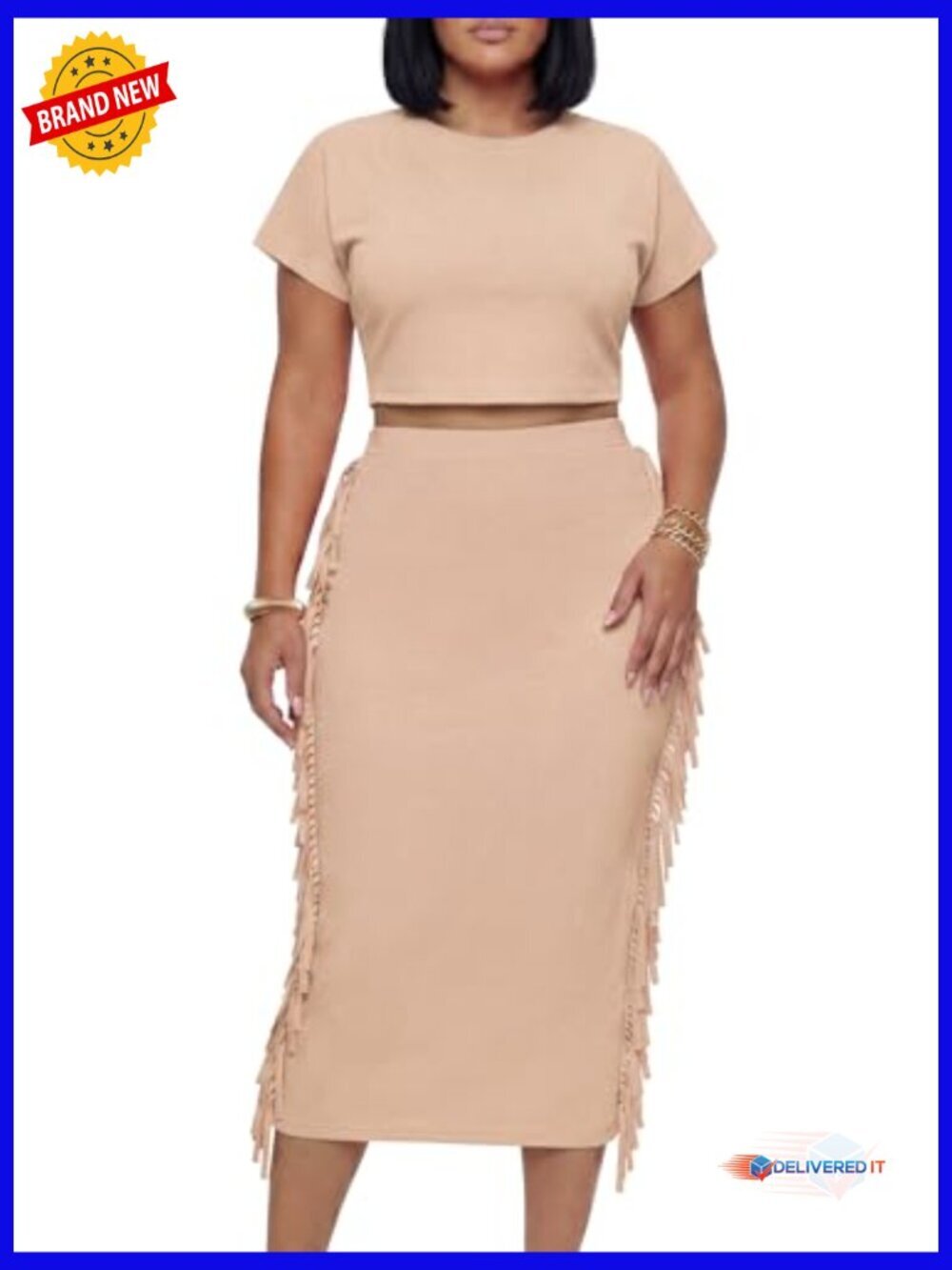 2 Piece Outfit Fringe Crop Top Bodycon Midi Skirt Set Sexy Clubwear - Picture 3 of 6